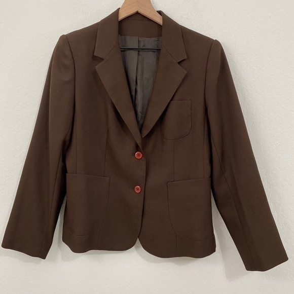 Barclay Petites Women's 8 Brown Vintage Utility Blazer Jacket V Neck 2 Button - Picture 2 of 10